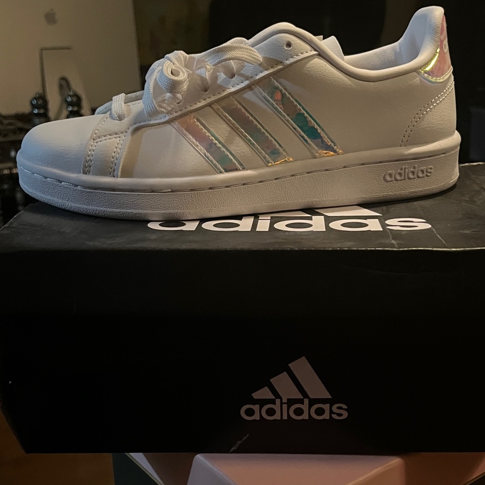 Adidas Women’s White Sneakers with Shimmer Unicorn Iridescent Stripes